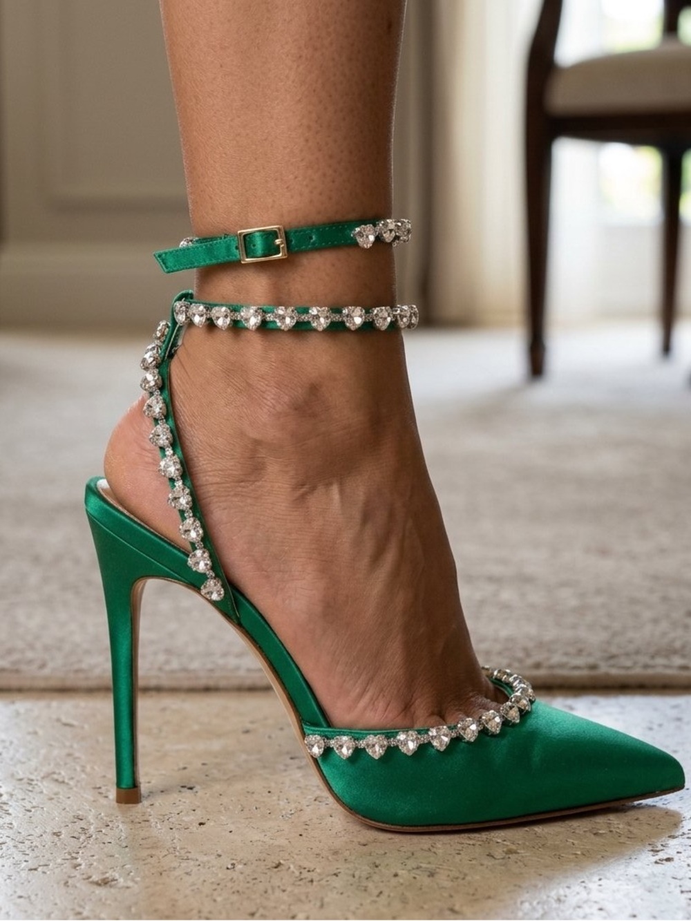 Liliana Emerald Green Satin Crystal-Ankle Strap Stiletto Heels
